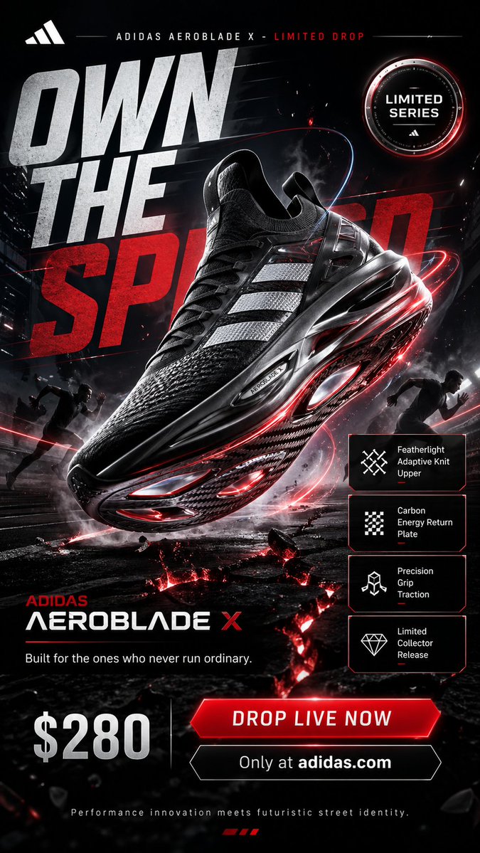 完整提示词:https://t.co/Rwk6EMWp7Z 为一款名为"ADIDAS AEROBLADE X - LIMITED DROP"的虚构超限量阿迪达斯运动鞋设计一张引人注目、高端的竖...