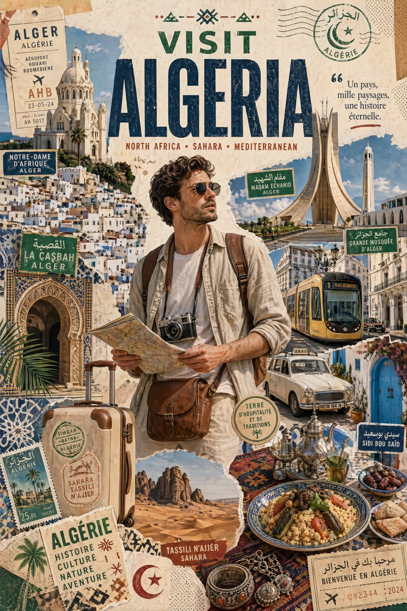 https://t.co/mDr5FWrInW 设计一张风格化的旅行海报/图形拼贴画，主题为[ALGERIA]（阿尔及利亚）。中心人物是一位时尚的国际游客，在[ALGERIA]中，视觉上明显是...