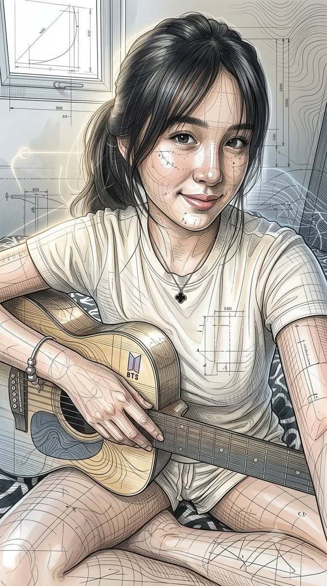 使用 Google Gemini nano banana pro 创建 提示 ⤵️ 超精细新参数化编辑插画，将优雅的绘画式人物渲染与未来主义建筑蓝图美学相结合。精致的流动线条、复杂的交叉影线、...