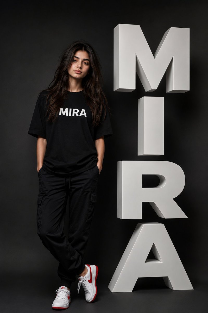超写实时尚编辑风格海报:一位美丽的年轻女子站在巨大的垂直3D“MIRA”立体字旁。她拥有自然的小麦色肌肤、柔和的五官、棕色长波浪卷发,不戴眼镜,素颜出镜,嘴唇真实,肌肤纹理细腻,眼神平静而自信...