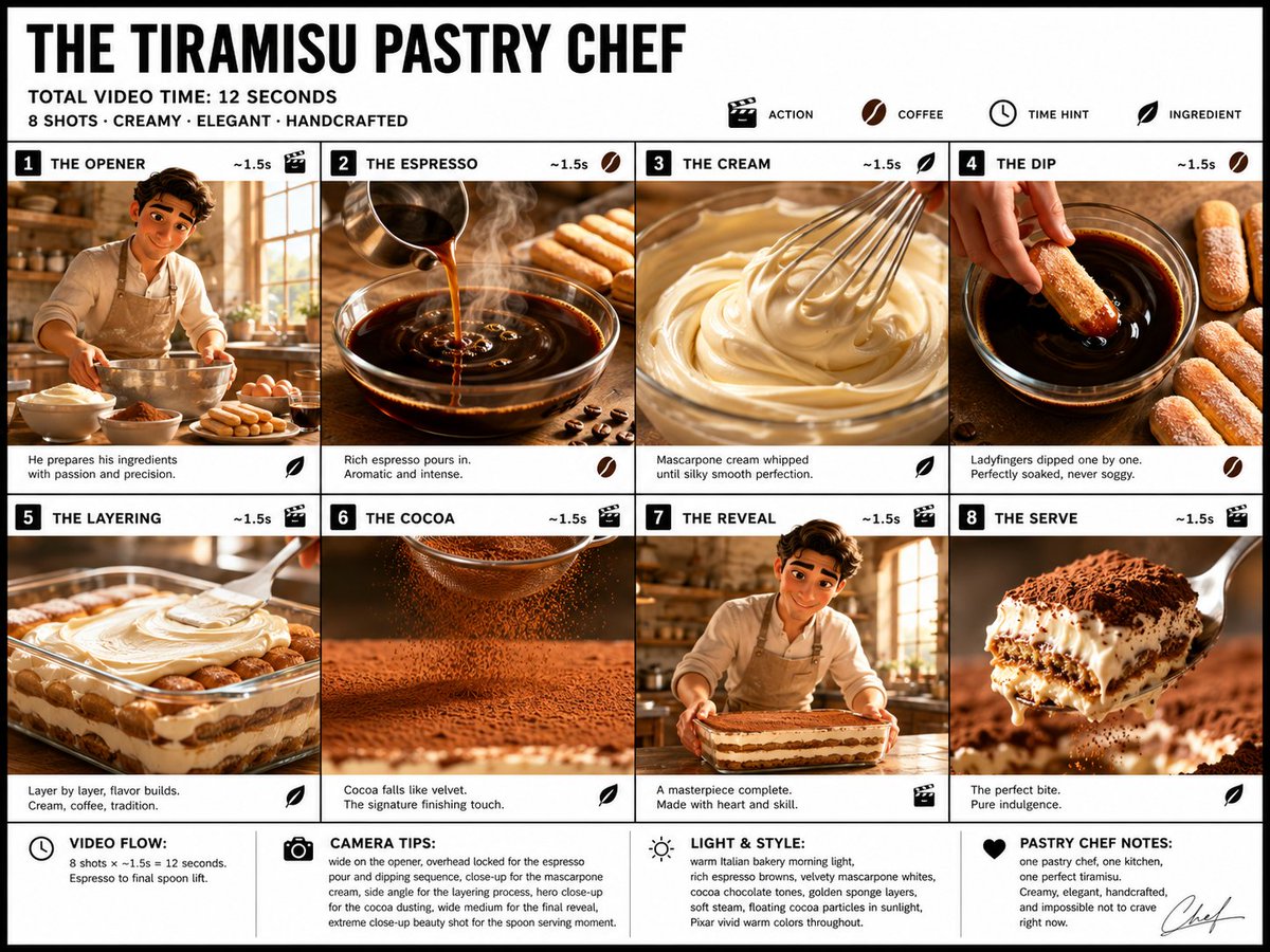 GPT Image 2 分镜提示词: "为 THE TIRAMISU PASTRY CHEF(提拉米苏烘焙师)创作一张清晰、简洁的信息图表风格分镜海报。宽幅 16:9 版式,白色背景,黑色边框...