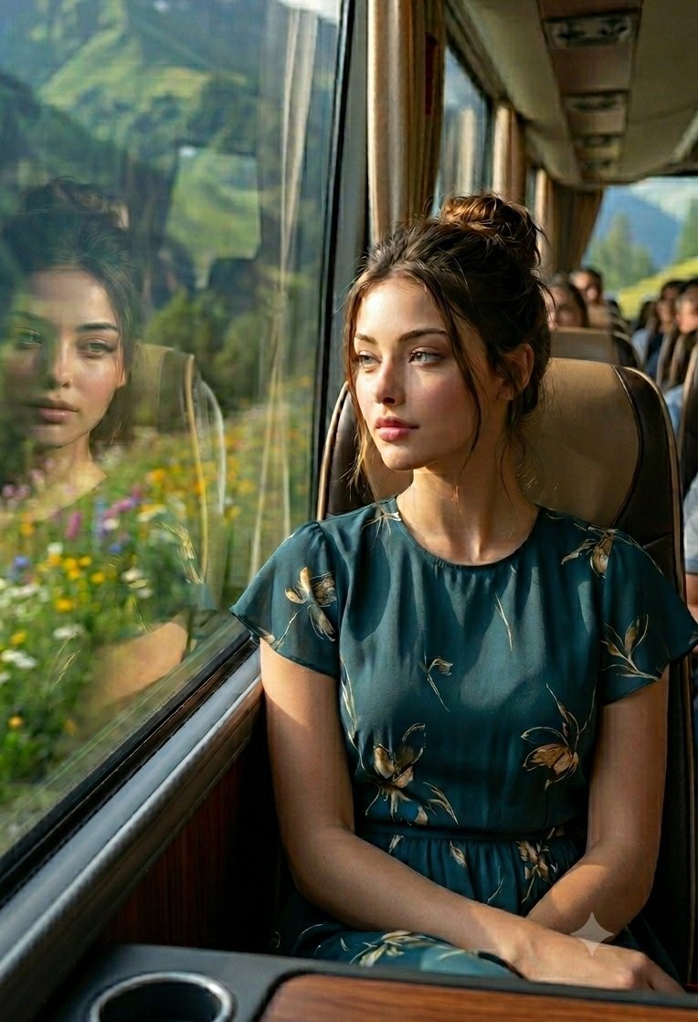 超写实电影感旅行人像 9:16，一位美丽的年轻女性舒适地坐在豪华大巴内靠大型窗户的位置，望向窗外郁郁葱葱的青山和色彩斑斓的花朵。背景座位上，其他乘客（女孩们）端正地坐在各自的大巴座椅上，营造出...
