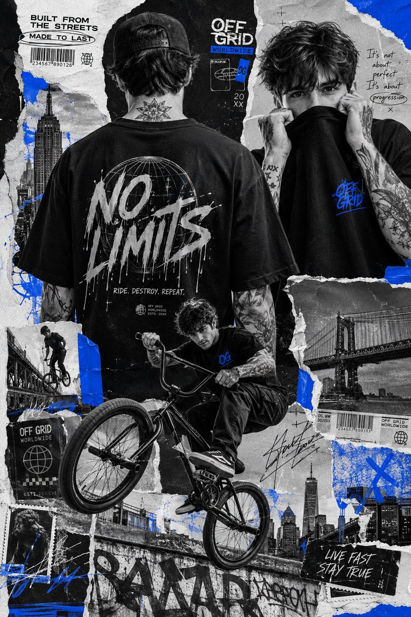 超创意街头服饰拼贴海报，以一位有纹身的BMX骑手和城市生活方式运动员为特色。多张剪贴照片以分层混合媒介构图排列。一幅背对镜头的大型肖像位于画面中央，身穿宽松的黑色图案T恤并戴着帽子。第二幅肖像...