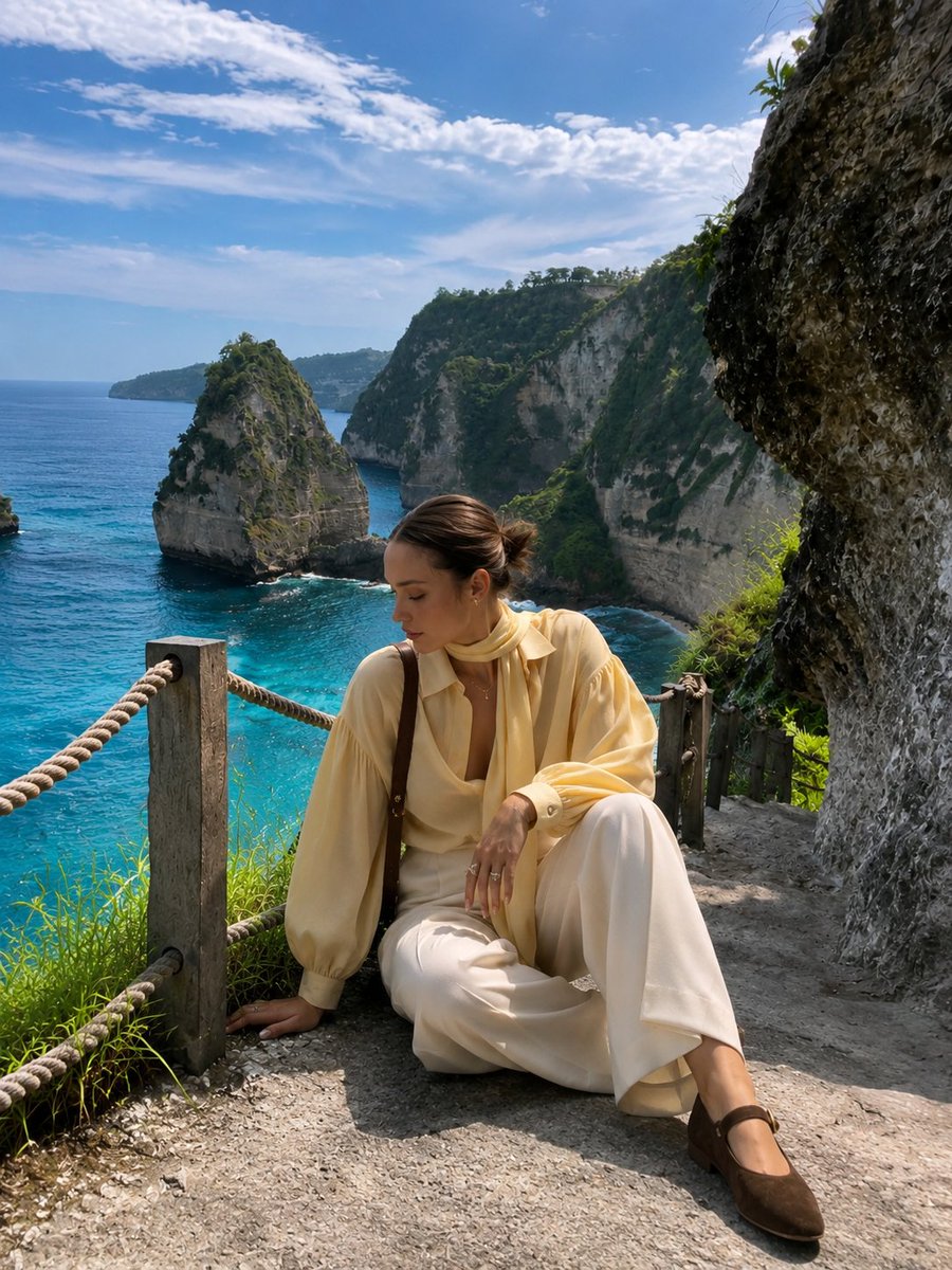 超写实奢华旅行时尚编辑摄影，画面中一位气质高雅的年轻女性自然地坐在悬崖边的海岸小径上，俯瞰壮丽的热带天堂。她身穿飘逸的粉彩色黄色丝质衬衫，袖型蓬松，领口为优雅的丝巾系带领口，搭配高腰米色阔腿定...