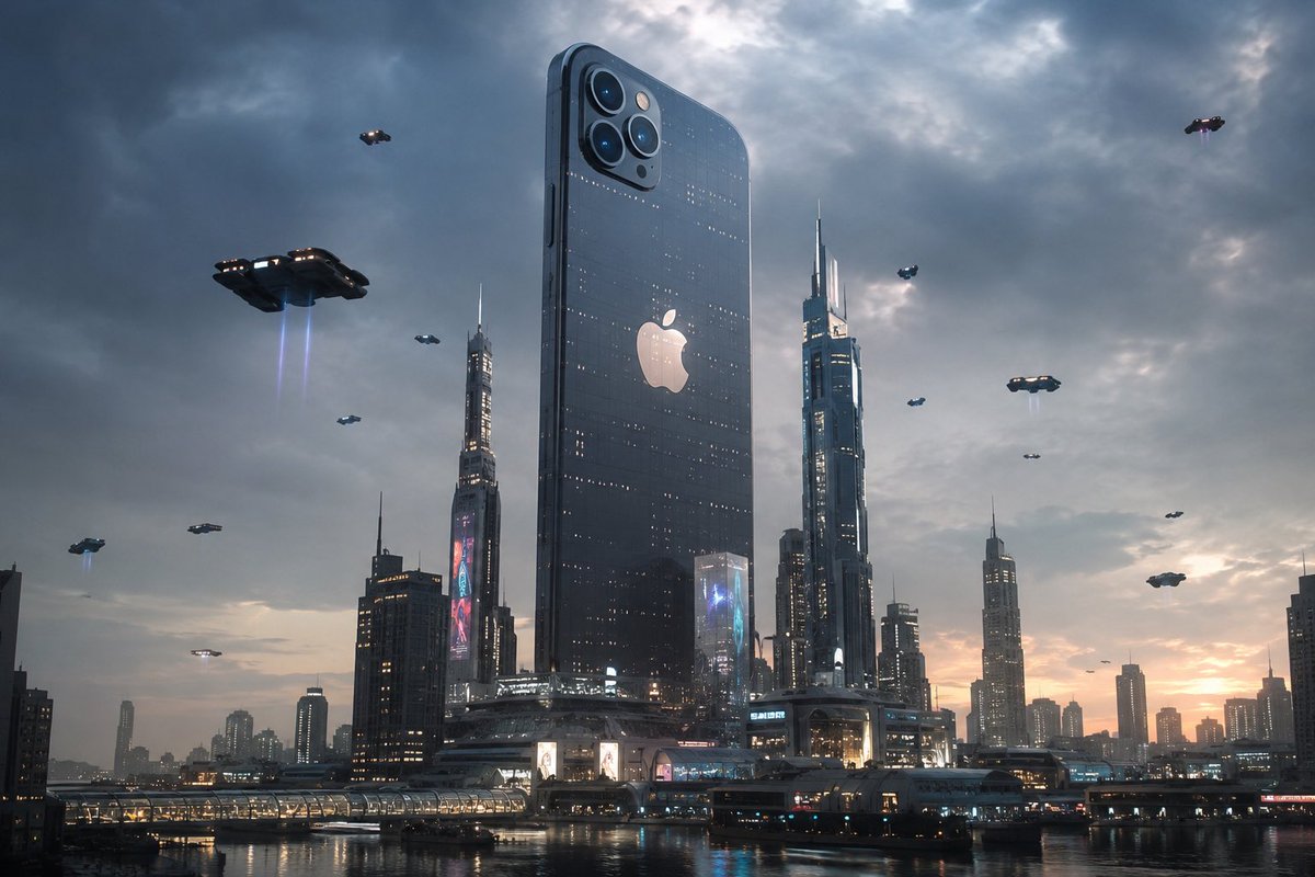 一座未来主义城市，由一座巨型苹果iPhone如摩天大楼般矗立主导，发光的屏幕照亮周围的建筑，飞行车辆，赛博朋克氛围，超写实建筑风格，电影级商业摄影，8K，超高清细节。