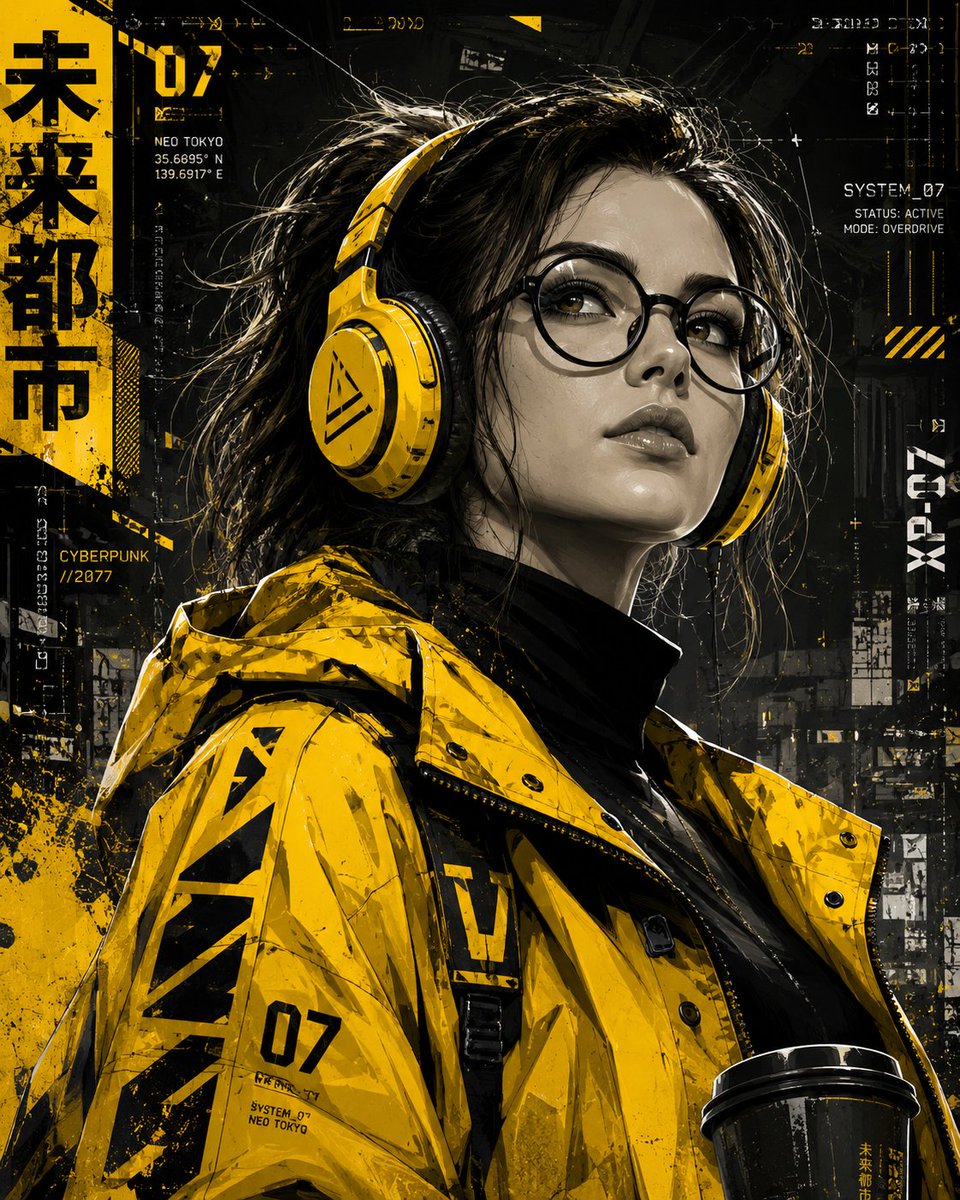 超精细赛博朋克风格数字插画，高端图形海报风格，描绘一位时尚前卫的未来主义年轻女性，目光充满智慧与分析感。她拥有富有表现力的杏仁形双眼、优雅的椭圆至心形脸庞、轮廓分明的高颧骨、精致的下颌线，以及...