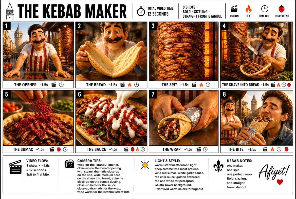 “为「THE KEBAB MAKER（土耳其烤肉大师）」制作一张清晰、简洁的信息图式分镜海报。宽屏 16:9 布局，白色背景，黑色边框，醒目的黑色字体，优质的皮克斯 3D 风格化渲染，明亮鲜艳...