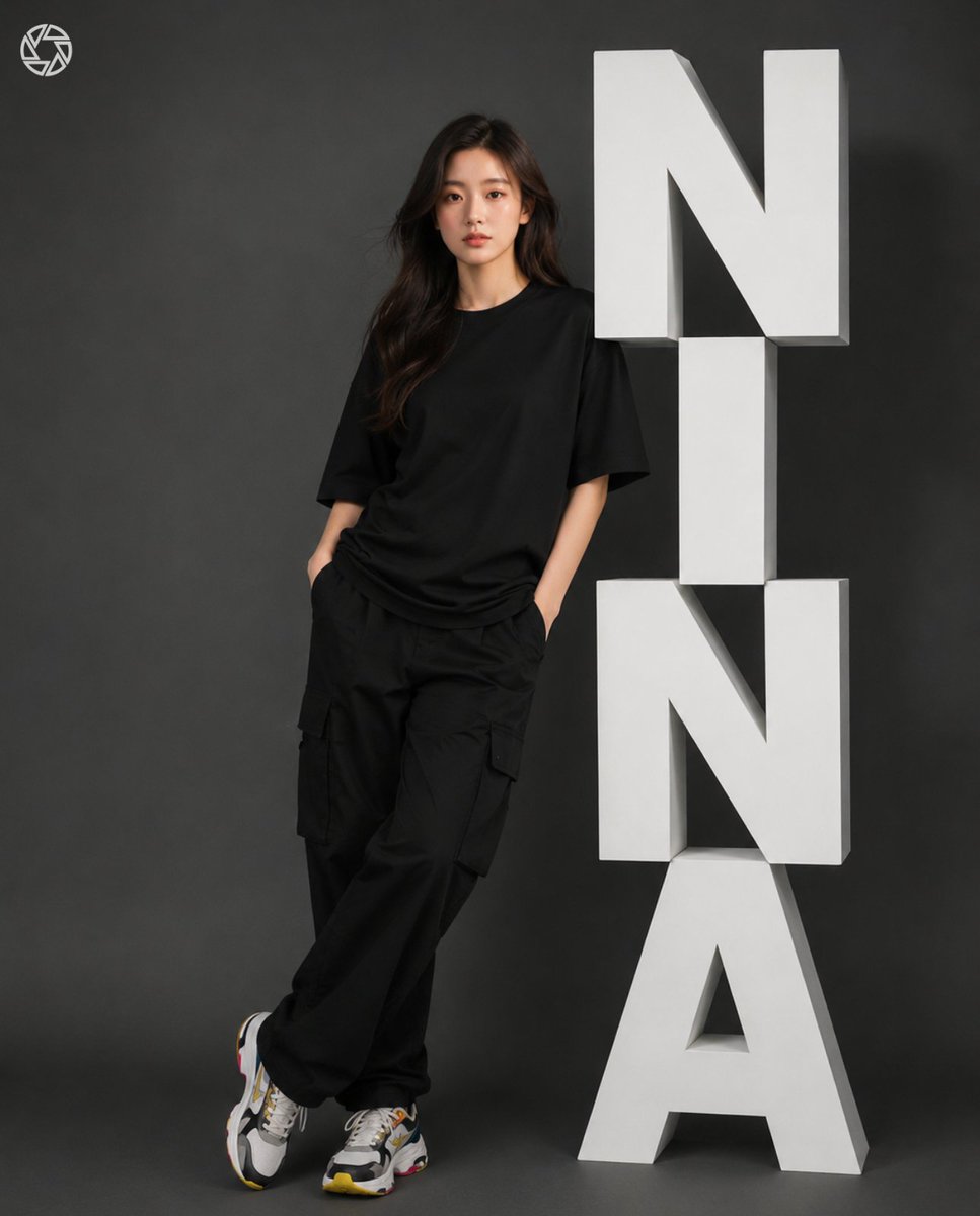 {NINA}"全身工作室时尚人像,随意倚靠着拼写为"{NINA}"的大型垂直3D立体字母,干净现代的编辑构图。女性模特身穿宽松黑色超大号T恤和黑色工装裤,双手插兜,表情低调自信,自然姿势,双腿...