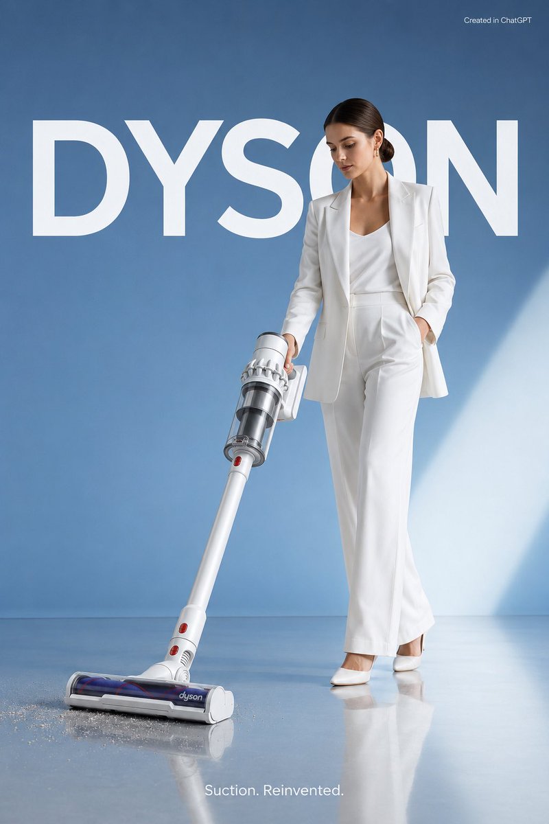 极简风格的商业广告，主打产品为一台超大尺寸的白色 Dyson V15 吸尘器，整体呈现极致洁净的奢华美学。一位时尚年轻女性身穿全白色时装造型，在反光锃亮的地板上实际演示 Dyson V15，以...