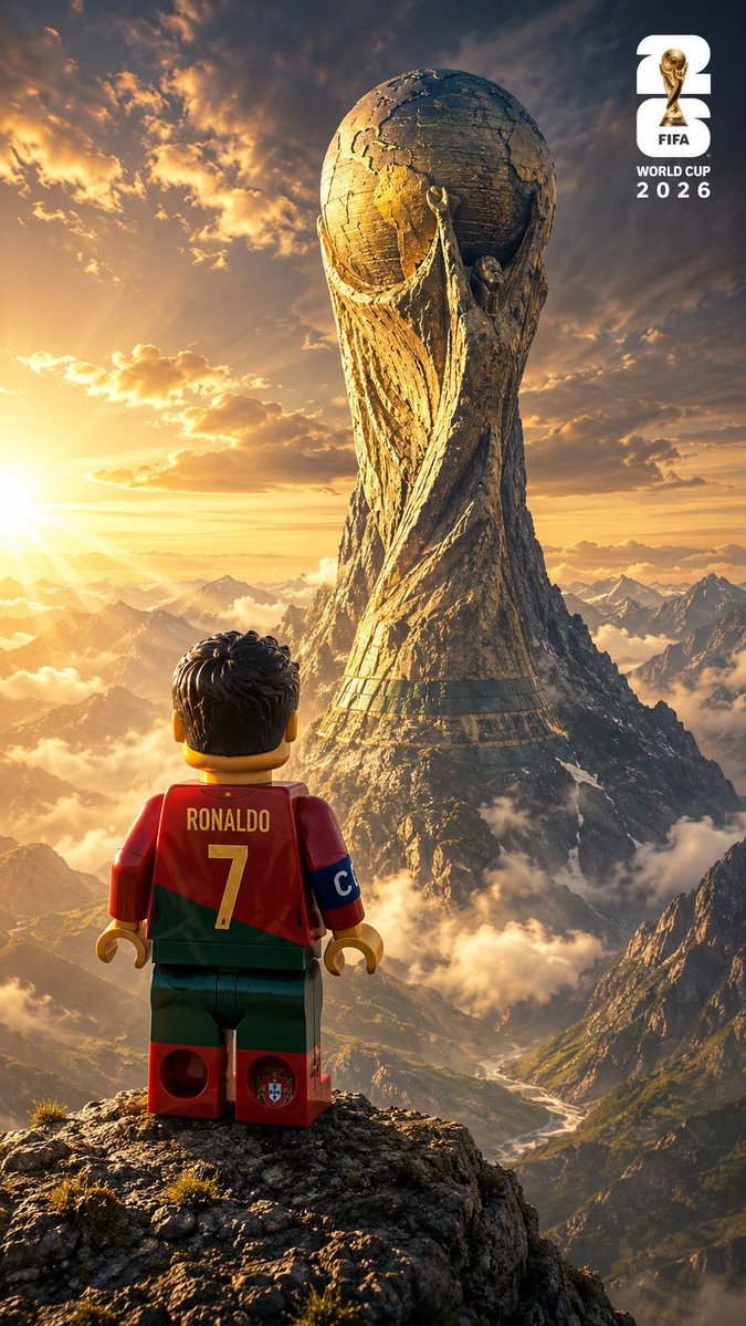 [PLAYER NAME], Premium ultra-realistic LEGO minifigure, Standing alone on a mountain cliff, view...