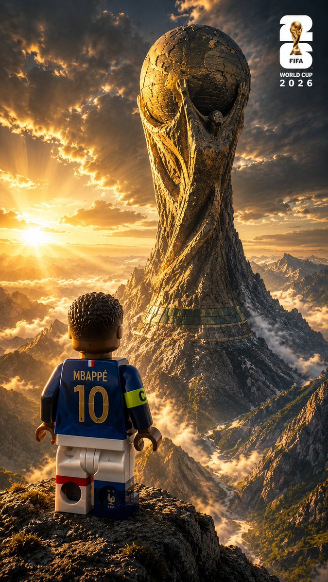 [PLAYER NAME], Premium ultra-realistic LEGO minifigure, Standing alone on a mountain cliff, view...