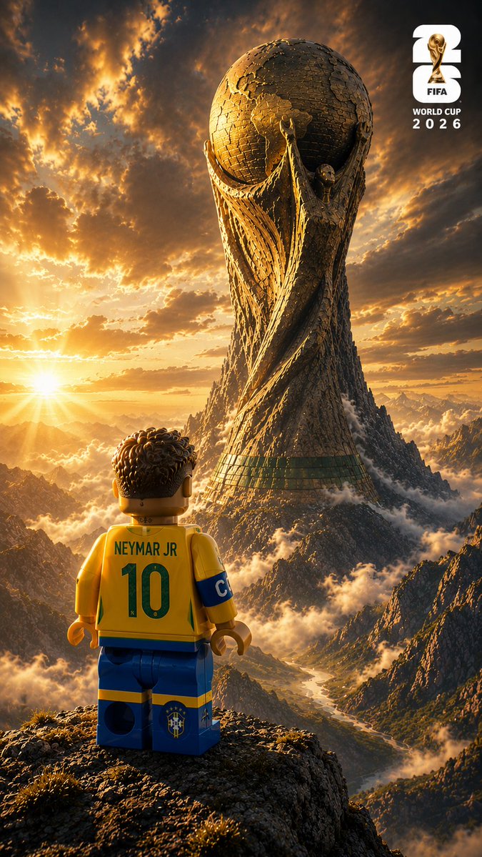 [PLAYER NAME], Premium ultra-realistic LEGO minifigure, Standing alone on a mountain cliff, view...