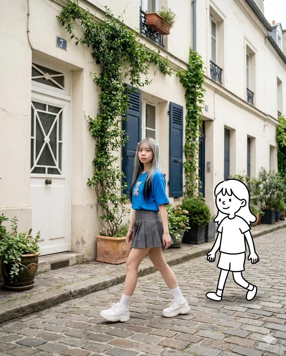 GPT IMAGE 2 on ChatGPT Prompt 1： 照片写实风格的时尚街拍场景 一位时尚年轻女性，留着柔和粉彩色长发，发色从淡粉色渐变到柔和玫瑰色调，在一条安静的欧洲鹅卵石街道上...