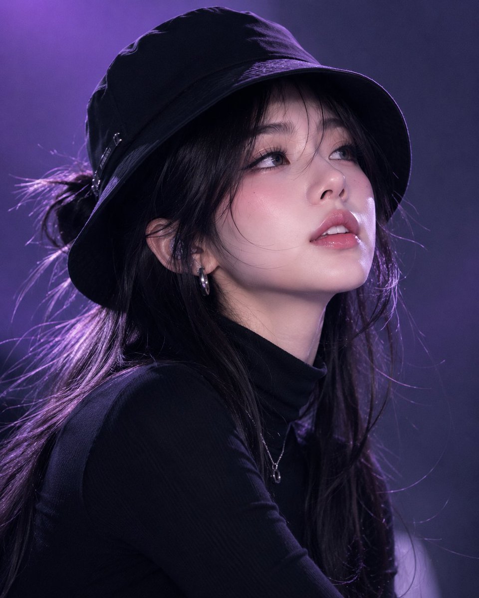 年轻韩国女性，黑色渔夫帽，黑色高领毛衣，长黑发扎成半扎发型，水光粉色双唇，无瑕光泽肌肤，下巴微微低垂，眼睛向上望向镜头，表情自信且神秘。极简渐变紫色影棚背景，冷调戏剧性打光，柔和阴影，时尚表演...