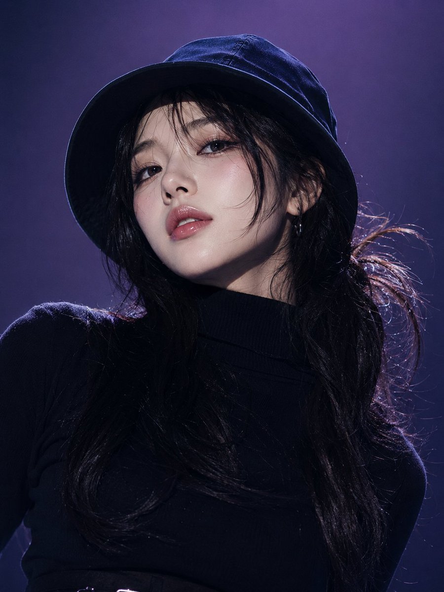年轻韩国女性，黑色渔夫帽，黑色高领毛衣，长黑发扎成半扎发型，水光粉色双唇，无瑕光泽肌肤，下巴微微低垂，眼睛向上望向镜头，表情自信且神秘。极简渐变紫色影棚背景，冷调戏剧性打光，柔和阴影，时尚表演...