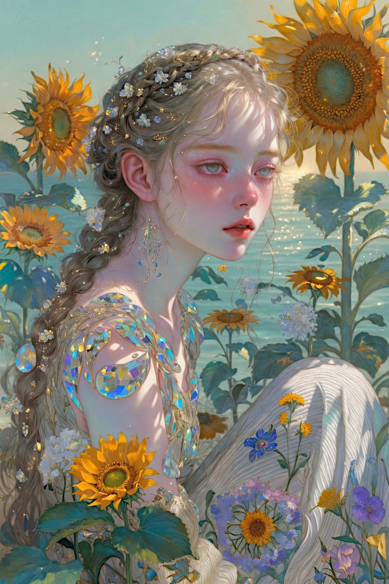 杰作级博物馆品质的翠绿金色梦境画作,超凡的夏日白昼幻想,1990年代动漫优雅融合高级时装的自然有机设计,琳派装饰,莫奈式夏日光辉,分形叙事密度,活光空间设计,无限的植物微观世界,最高的审美精炼...