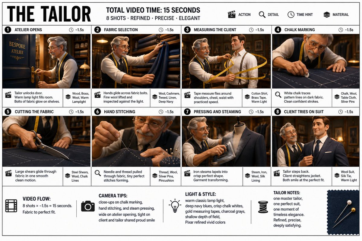 制作一张干净利落的「THE TAILOR(裁缝)」信息图故事板海报。宽幅 16:9 版式,白色背景,黑色边框,粗体黑色字体,采用皮克斯高级 3D 风格化渲染,经典考究的配色——深海军蓝、纯净粉...