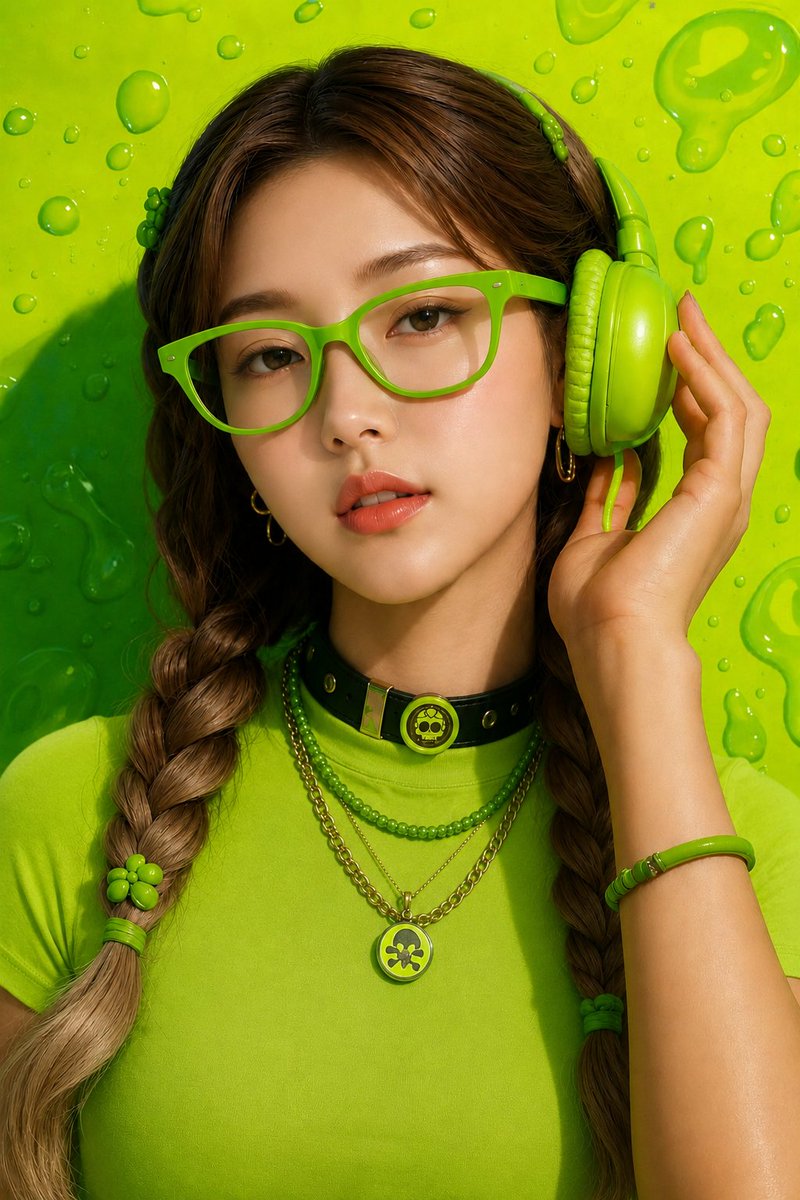 超写实特写时尚人像，年轻女性，居中构图，眼神平静自信地直视镜头，肤色白皙无瑕，双唇柔软光泽，妆容自然淡雅，棕色长发编成两条整洁的辫子马尾，搭配绿色花朵发饰，佩戴超大号青柠绿眼镜，明亮的霓虹绿头...