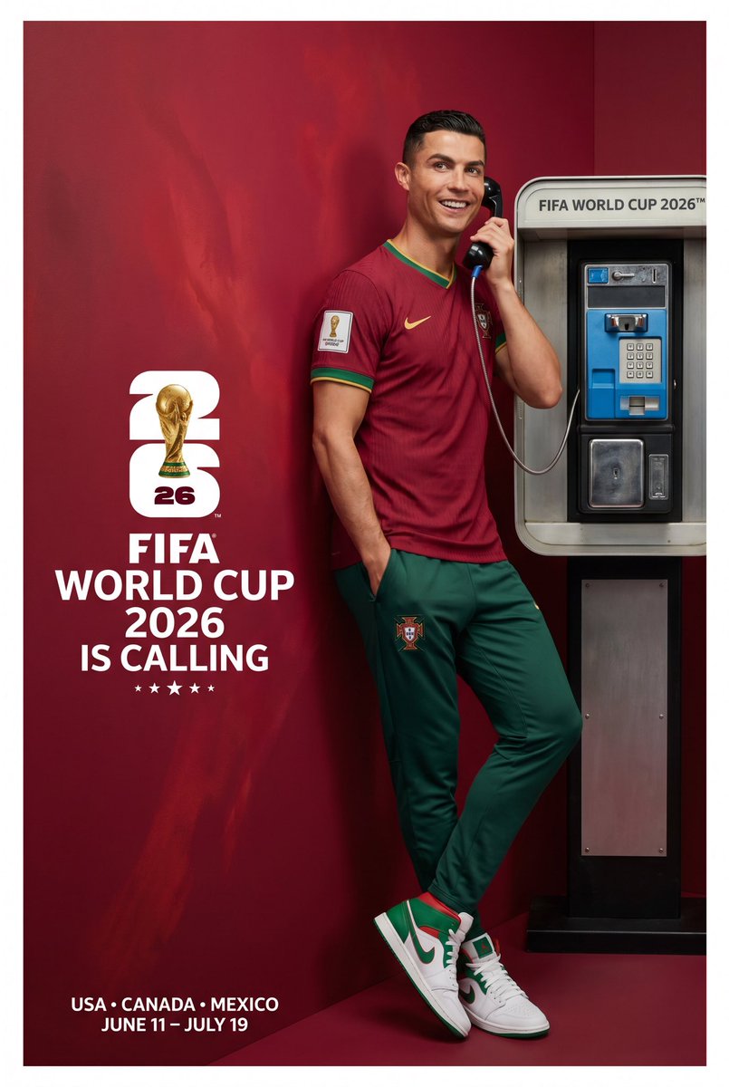 创作一张超高端的2026年国际足联世界杯全球广告宣传海报，由克里斯蒂亚诺·罗纳尔多代表葡萄牙出镜。画幅比例必须为4:5。最终图像必须看起来像由世界顶级体育时尚广告公司拍摄的2026年国际足联世...