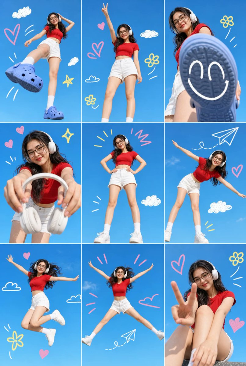 一个 3x3 网格拼贴，包含同一亚洲年轻女性的九张独立照片，从上传的图片中提取，肤色较浅，风格为生活方式和社交媒体内容创作者的美学。她身穿红色紧身短款上衣、白色牛仔短裤、白色运动鞋，戴着大型白...