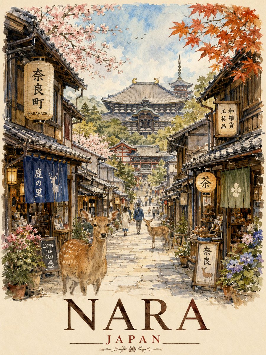 日本奈良的超精细复古旅行海报插画，采用精致的水彩与钢笔素描风格绘制。一条迷人的奈良町传统日本街道向远方延伸，两旁林立着保存完好的木结构町家民居、手工艺商店、茶馆、悬挂的灯笼、暖帘（noren）...