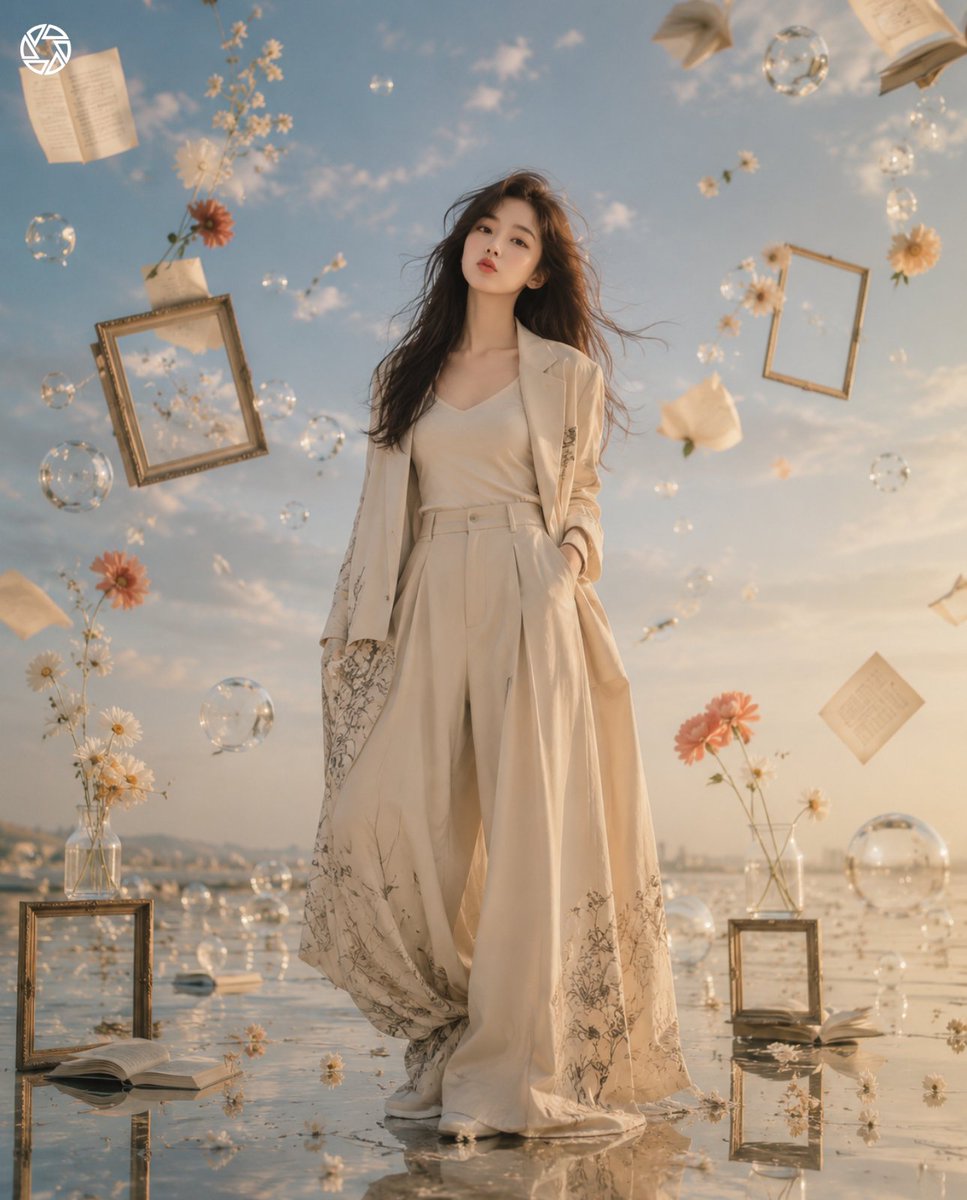 空灵超现实的时尚场景,一位女性站在开阔天空下的一面倒影地面上,周围环绕着漂浮的物体(书籍、纸张、花朵、玻璃球、画框),柔和的风动,优雅的长款大衣与阔腿长裤,极简的中性色调(米色、象牙白、柔金、...