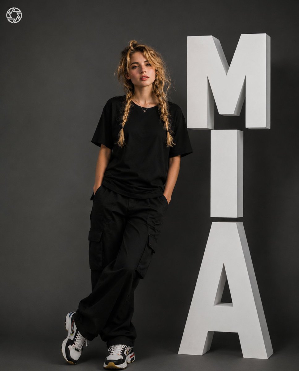 {MIA}" 全身工作室时尚人像，随意倚靠在拼写为"{MIA}"的大型垂直立体块状字母上，简洁现代的编辑级构图。女性模特身穿宽松的黑色超大号T恤和黑色工装裤，双手插兜，表情微妙自信，姿态自然，...