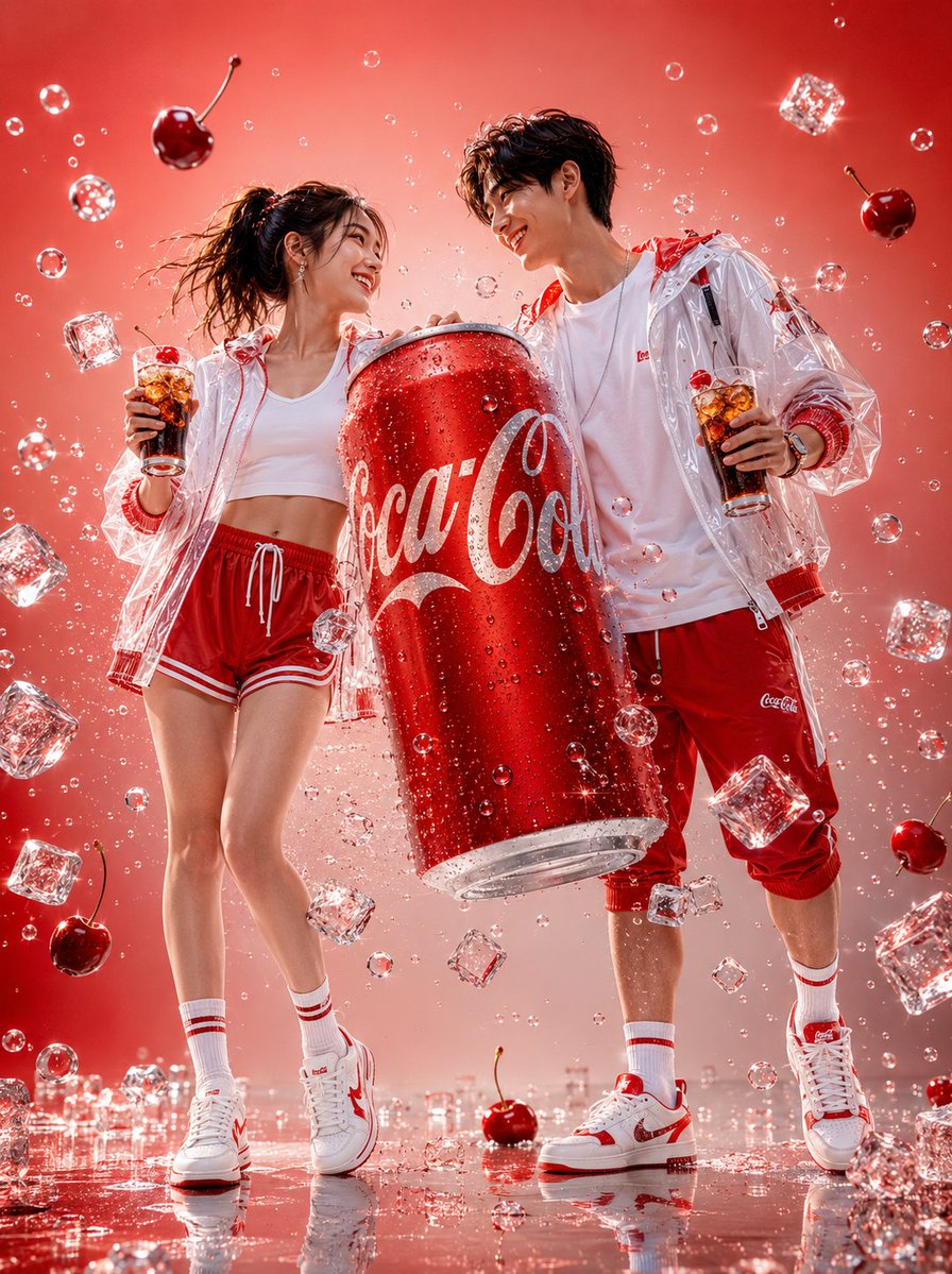 GPT Image 2 on ChatGPT 🍸✨️ 提示词 ⬇ 一对年轻的日本情侣，女士和男士，两人面带灿烂的笑容，俏皮地互相凝视。女士身穿白色短款上衣、红色运动短裤、带红色点缀的透明 PV...