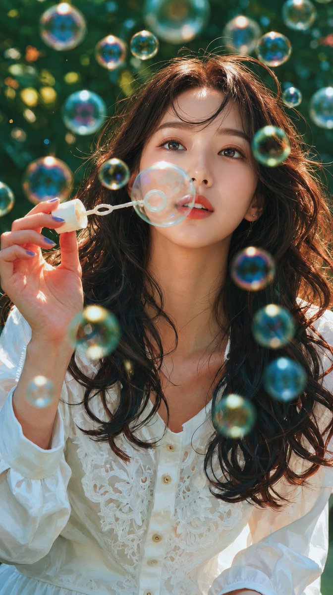 超写实电影感人像肖像，户外郁郁葱葱的绿色花园中，一位美丽年轻的东亚女性，嘴唇旁手持泡泡棒吹出肥皂泡，眼神梦幻地直视镜头，深棕色长波浪卷发自然飘扬，柔和的微风将发丝轻拂过前额，无瑕发光肌肤，淡雅...