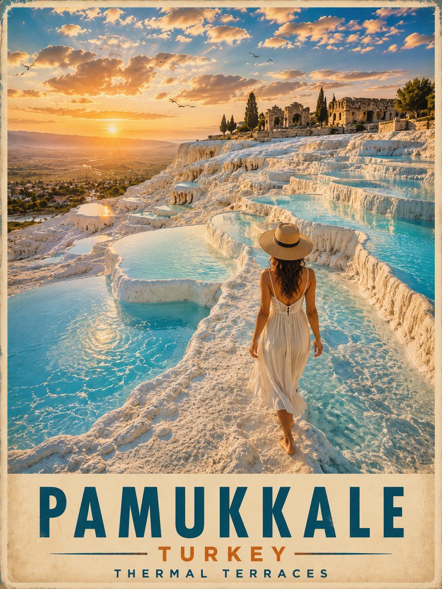 超具传播力的复古风格土耳其棉花堡（Pamukkale）旅行海报，采用永恒的复古旅游设计风格。令人屏息的黄金时刻场景，标志性的白色石灰华热阶梯从山坡倾泻而下，注满清澈见底的绿松石色矿物水池，在温...