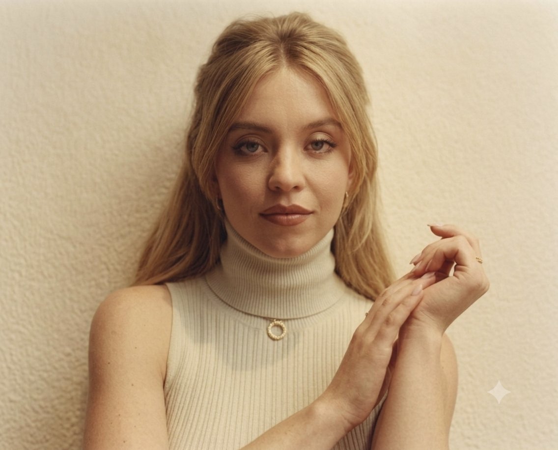一幅高品质的悉尼·斯威尼（Sydney Sweeney）近距离肖像，她优雅地摆姿势，背景是温暖、有质感的米白色。她身穿一件奶油色罗纹无袖高领上衣，搭配一条精致的金色细链项链，吊坠为小巧的圆形吊...