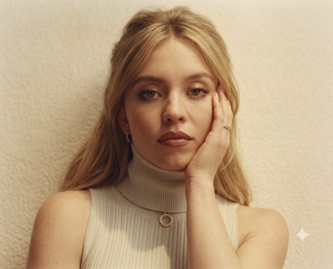 一幅高品质的悉尼·斯威尼（Sydney Sweeney）近距离肖像，她优雅地摆姿势，背景是温暖、有质感的米白色。她身穿一件奶油色罗纹无袖高领上衣，搭配一条精致的金色细链项链，吊坠为小巧的圆形吊...