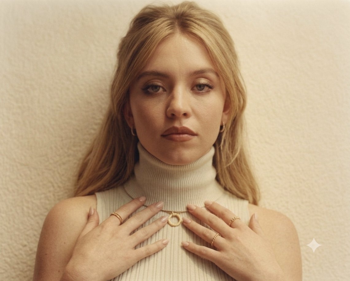 一幅高品质的悉尼·斯威尼（Sydney Sweeney）近距离肖像，她优雅地摆姿势，背景是温暖、有质感的米白色。她身穿一件奶油色罗纹无袖高领上衣，搭配一条精致的金色细链项链，吊坠为小巧的圆形吊...