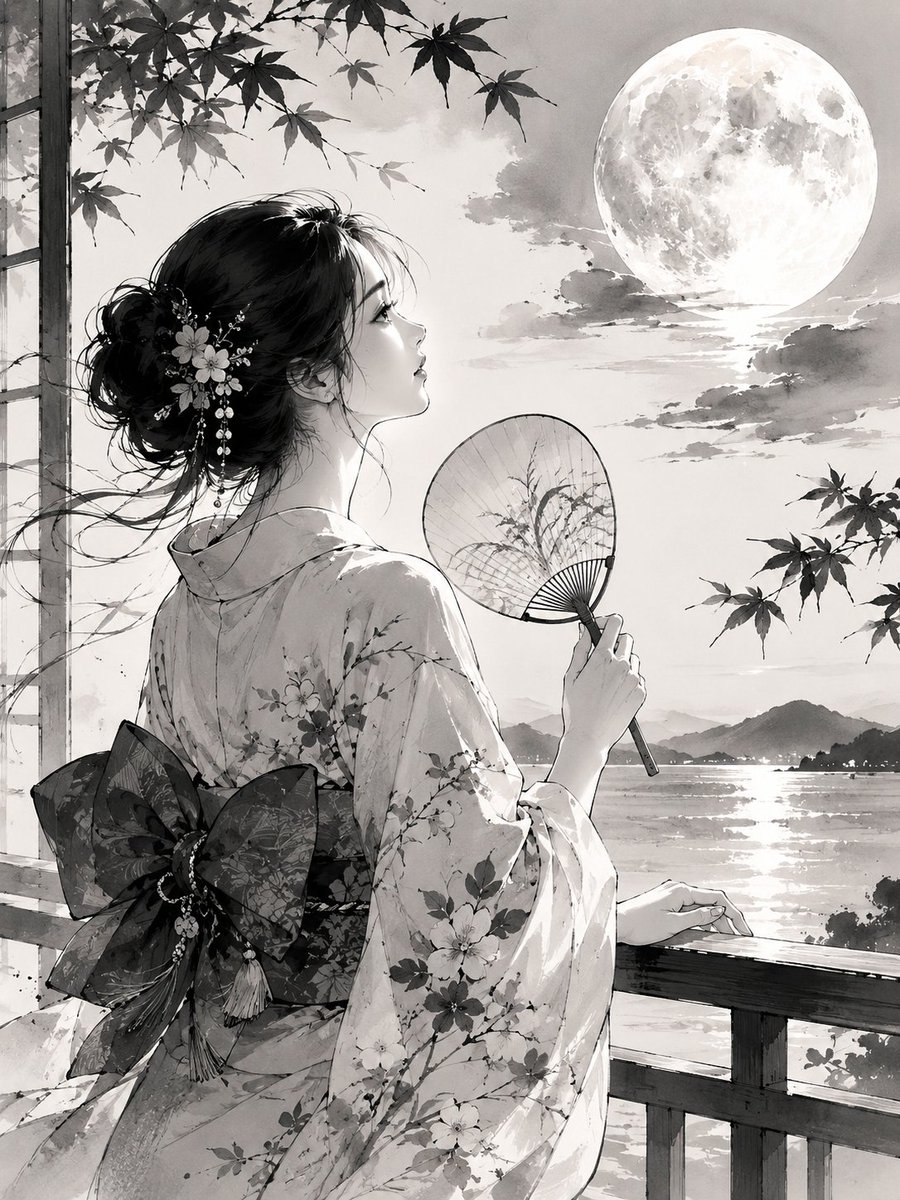 一幅在极简白色背景上绘制的素描，采用单色黑色电影美学，捕捉一位身着浴衣的日本佳人凝视夜晚明月的优雅身姿，以黑墨与浅灰色描绘的画作，柔和的炭笔轮廓线，细腻的黑色笔触，柔和的墨色晕染，运用留白营造...