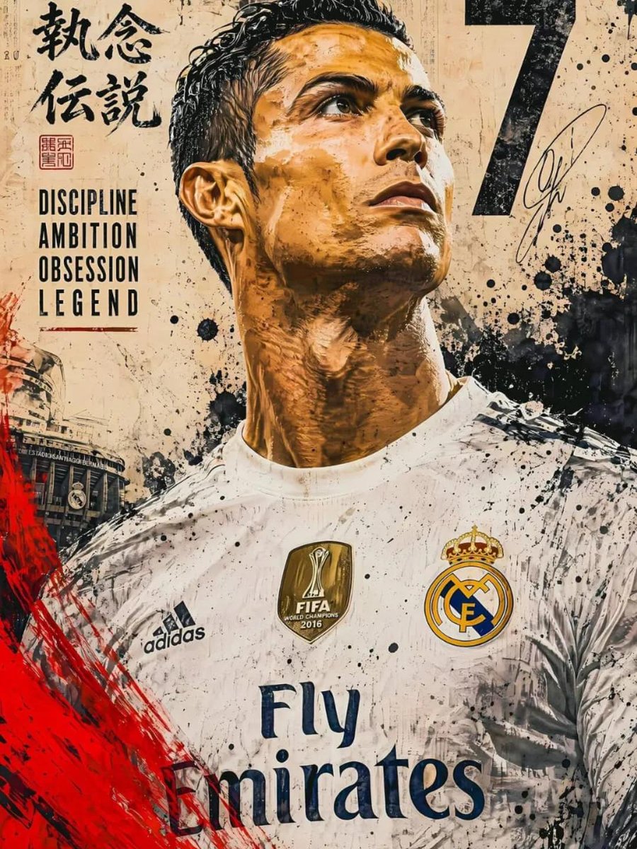 C罗（Cristiano Ronaldo）启发传奇足球海报，超精细数字插画，英雄式仰视目光，强烈坚定的表情，特写肖像主导构图，动态泼溅颜料与墨水质感，复古做旧海报美学，葡萄牙红、金色与黑色配色...