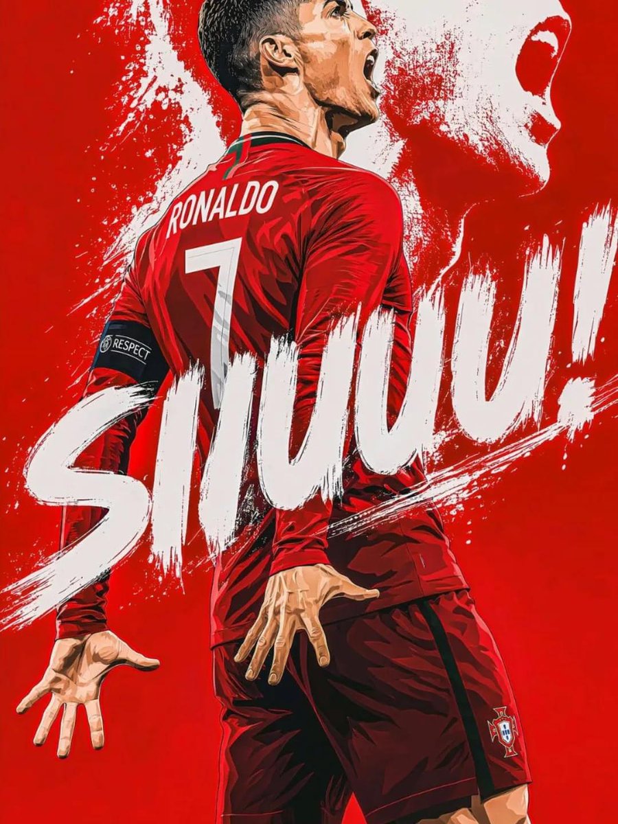 C罗（Cristiano Ronaldo）启发传奇足球海报，超精细数字插画，英雄式仰视目光，强烈坚定的表情，特写肖像主导构图，动态泼溅颜料与墨水质感，复古做旧海报美学，葡萄牙红、金色与黑色配色...