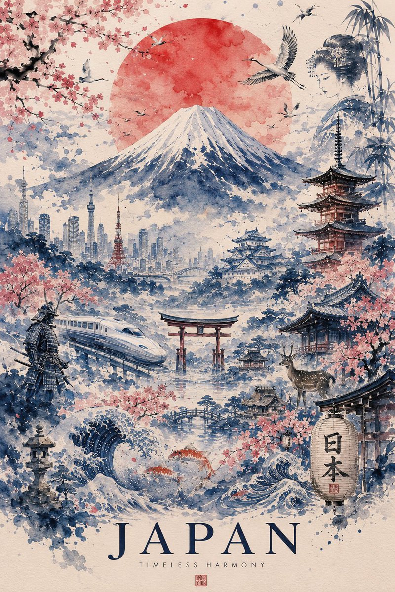 超精细的水彩旅行海报，画的是日本，采用精致的传统日本水墨画（sumi-e）风格，配以柔和的粉彩色调和带有肌理感的手工纸张。一座雄伟的雪顶富士山矗立在画面中央，背景是一轮巨大的深红色初升太阳，周...