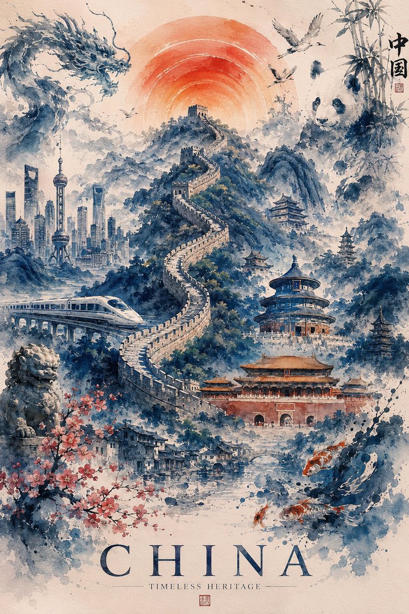 超精细的水彩旅行海报，画的是日本，采用精致的传统日本水墨画（sumi-e）风格，配以柔和的粉彩色调和带有肌理感的手工纸张。一座雄伟的雪顶富士山矗立在画面中央，背景是一轮巨大的深红色初升太阳，周...