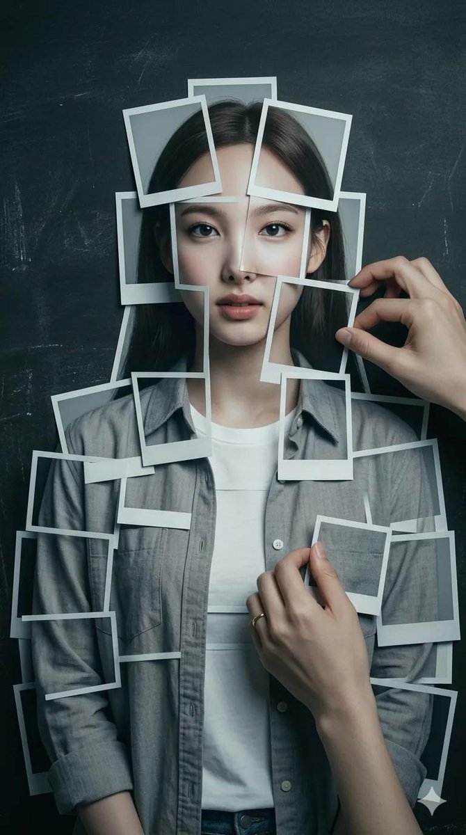 8K 超写实摄影作品：人物形象由拍立得相纸层层叠放组成，置于深色、做旧、石板质感、现代极简风格的背景之上。画面中的人物呈现参考面孔，由约 20 张独立照片精心拼贴而成，照片中显示的是一件紫红色...
