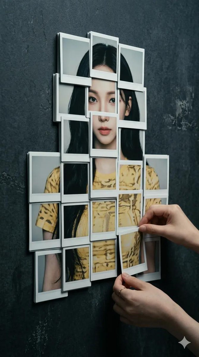 8K 超写实摄影作品：人物形象由拍立得相纸层层叠放组成，置于深色、做旧、石板质感、现代极简风格的背景之上。画面中的人物呈现参考面孔，由约 20 张独立照片精心拼贴而成，照片中显示的是一件紫红色...