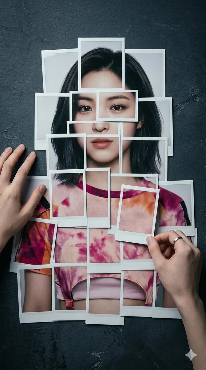 8K 超写实摄影作品：人物形象由拍立得相纸层层叠放组成，置于深色、做旧、石板质感、现代极简风格的背景之上。画面中的人物呈现参考面孔，由约 20 张独立照片精心拼贴而成，照片中显示的是一件紫红色...