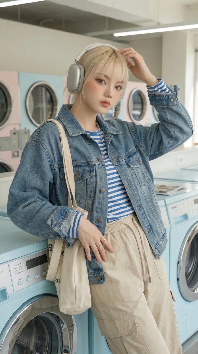 使用参考照片，同时保持面部完全不变，与原始主体保持一致。 一位女性时尚模特身处一家现代化的自助洗衣店内，四周是一排排粉彩色的洗衣机。她身穿一件宽松的复古牛仔外套，内搭蓝白条纹衬衫，下身穿宽松的...