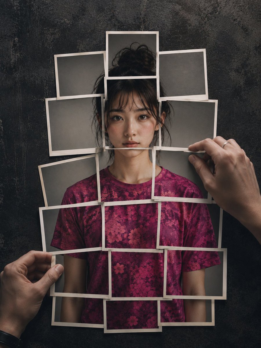 8K 超写实摄影作品，画面中的人形由宝丽来即时成像照片层层叠加在深色、斑驳、带有石板纹理的极简现代背景之上。该人形呈现参考面容，由约 20 张分别印有紫红色（fucsia）花纹 T 恤的独立照...