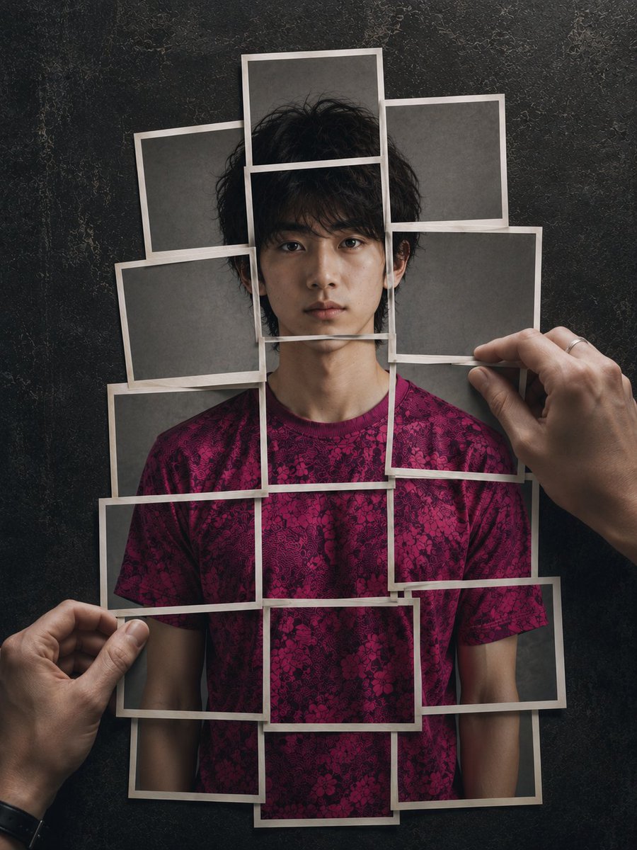 8K 超写实摄影作品，画面中的人形由宝丽来即时成像照片层层叠加在深色、斑驳、带有石板纹理的极简现代背景之上。该人形呈现参考面容，由约 20 张分别印有紫红色（fucsia）花纹 T 恤的独立照...