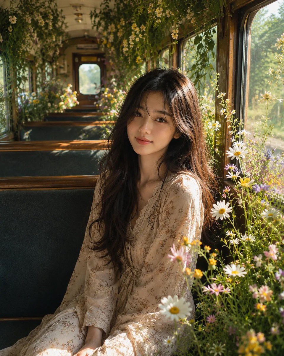 梦幻电影感人像：一位美丽的年轻女子坐在一节被改造成盛开花园的复古火车车厢内。柔和的金色阳光透过大型木框窗户倾泻而入，照亮精致的白色雏菊、野花以及从天花板垂落的层叠绿色藤蔓。女子拥有一头飘逸的深...