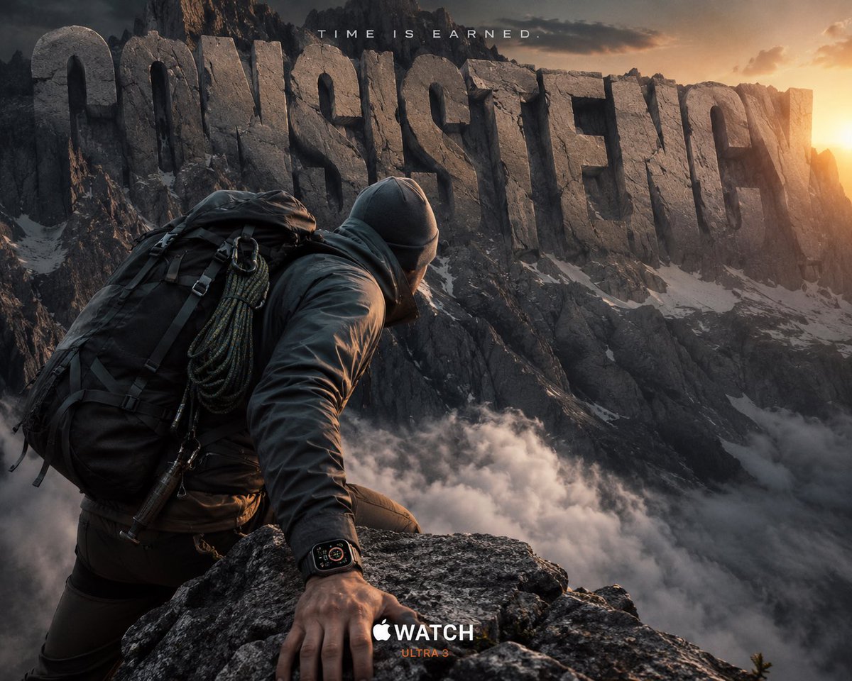 APPLE WATCH ULTRA 3 Theme: Time Is Earned 巨型字体单词： “CONSISTENCY” 一名运动员在黎明时分攀登山峰，奢华探险氛围，戏剧性风景，高端户外...