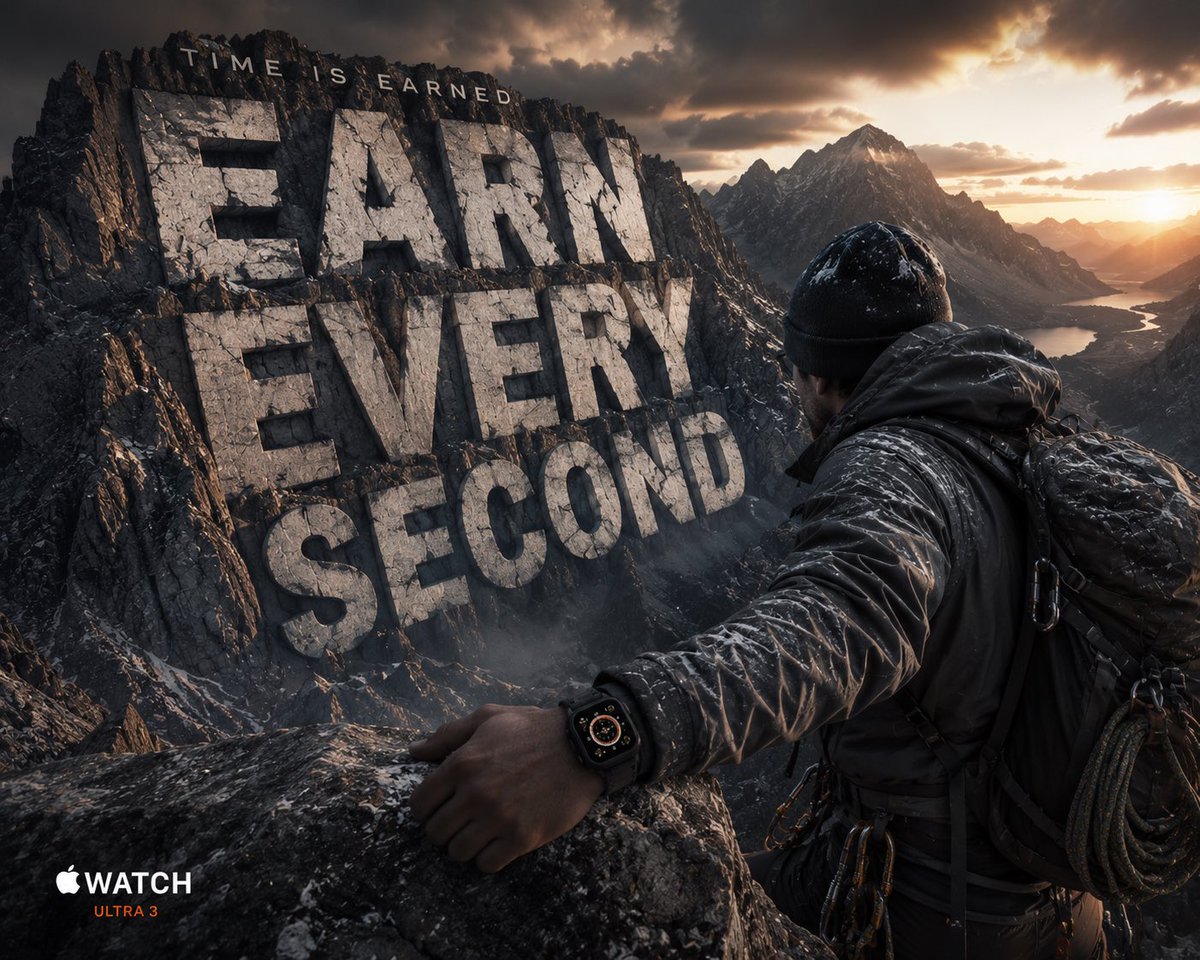 APPLE WATCH ULTRA 3 Theme: Time Is Earned 巨型字体单词： “CONSISTENCY” 一名运动员在黎明时分攀登山峰，奢华探险氛围，戏剧性风景，高端户外...