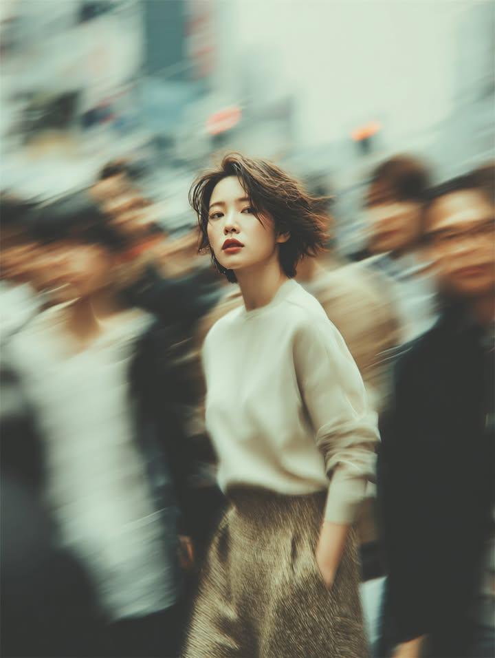 电影感城市街拍人像：一位年轻女性留着短而蓬松的头发,在涌动的人潮中纹丝不动地站立,目光平静而内省地直视镜头。她身穿柔软的米色针织毛衣和有质感的棕色半身裙,配饰极简。周围的行人以梦幻般的长曝光动...