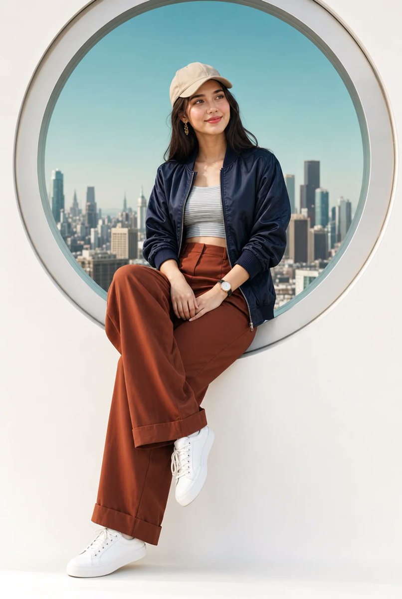 一位时尚年轻女性随意地坐在白色窗台上，身处一个带有柔和银色边框的大型圆形拱窗之中，背景中可见城市天际线，天空是清澈的青蓝色。她拥有温暖的橄榄色肤色，肌肤柔软发光，深色头发塞在一顶米色棒球帽下，...
