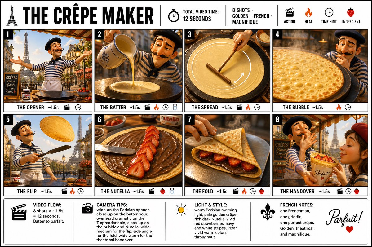 “为 THE CRÊPE MAKER(可丽饼师傅)制作一张清晰干净的信息图式分镜海报。宽幅 16:9 布局,白色背景,黑色边框,粗体黑色字体,高端 Pixar 3D 风格化渲染,明亮温暖的色调...